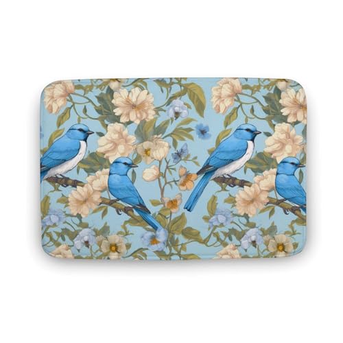Blue Birds Flowers Coral Velvet Rugs Non-Slip Bathroom Rugs Soft Kitchen Rug Floor Carpet for Home Decor 15.7