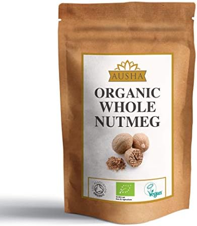 Ausha Organic Whole Nutmeg 50g l Cooking, Baking l Immunity l Sleep Aid l Aroma l Certified Organic by Soil Association l Lab Tested for Pesticides