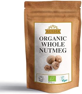 Ausha Organic Whole Nutmeg 50g l Cooking, Baking l Immunity l Sleep Aid l Aroma l Certified Organic by Soil Association l Lab Tested for Pesticides