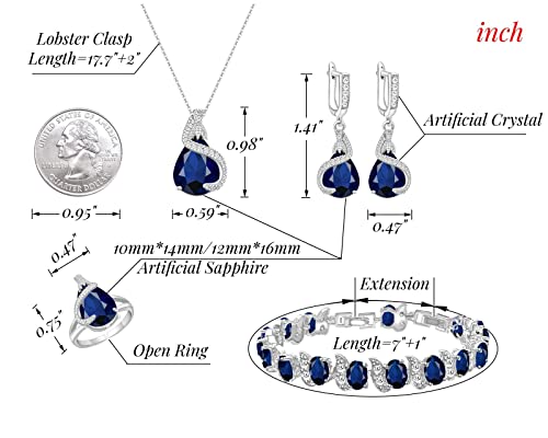 Gzwhd Created Blue Sapphire Jewelry Set For Women Girls Teardrop Necklace Earrings Open Ring Tennis Bracelet Platinum Plated Jewelry Anniversary Valentine's Day Wedding Engagement Gift For Friend Girlfriend Lover Wife Bride #TOP5