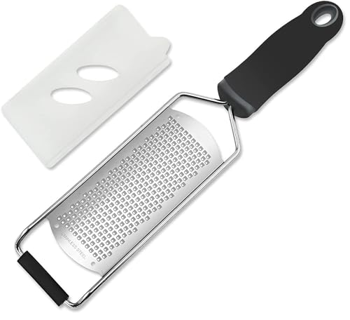 Image of Lemon Zester & Cheese Grater - Cheese, Lemon, Ginger, Garlic, Vegetables, Fruits - Razor-Sharp Stainless Steel Blade Protective Cover, Dishwasher Safe 12 Inch Flat (Black)