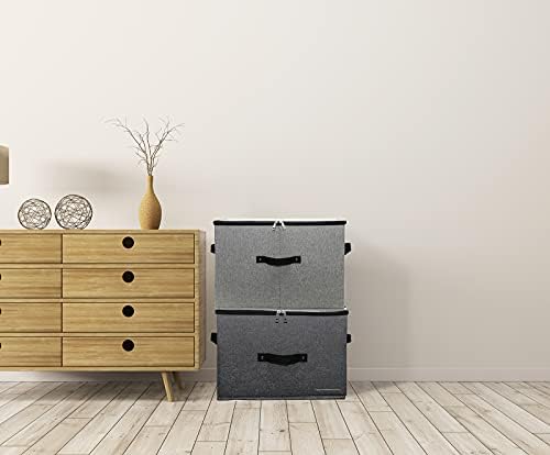 Foldable Fabric Storage Box with Zipper lid, handle, Blankets Clothes Quilts Storage Basket Organizer for Bedroom Closet Shelf, 44×33×31cm, Black Grey