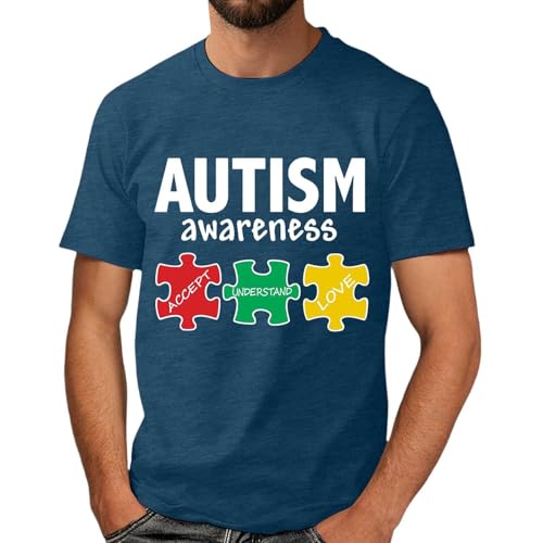 Camisetas genéricas para hombre para sensibilización al autismo impreso con escritura humanística camisa de corte clásico de algodón ligero alto cuello redondo Top deportivo, Azul oscuro., XXL