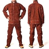 Large Flame-Resistant Heavy Duty Leather Welding Jacket Tools Vest Pants,Brown,XL