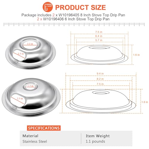 Beaquicy W10278125 W10196405 and W10196406 Chrome Drip Pan- Replacement for Ken-more and Whirlpool Range - 4 Pack - Includes 2 8-Inch and 2 6-Inch Drip Bowl Pans