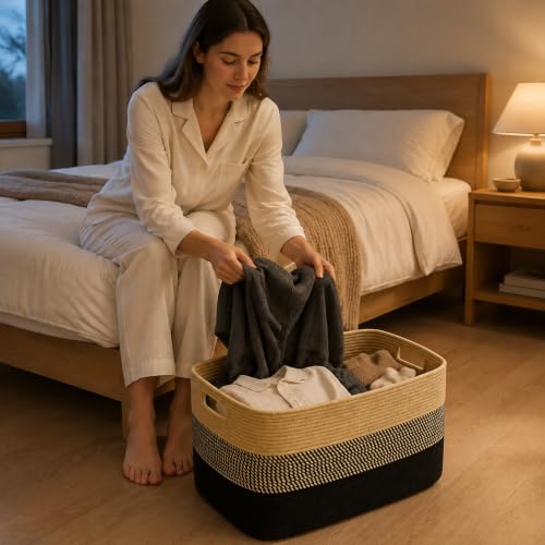 Image of 25.4GAL Collapsible Cotton Rope Extra Large Storage Basket For Bedroom Closet, Boho Rectangular Big Short Hamper Woven Storage Baskets for Living Room Throw Pillows Blankets Dirty Clothes,Khaki Black