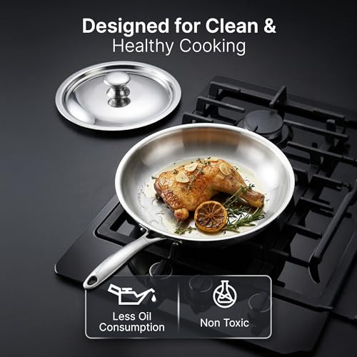 Image of AGARO Regency 26 cm Triply Stainless Steel Fry Pan with Lid (2.3L), Induction & Gas Compatible, ensures Even Heat, Non-Toxic with no Chemical Coating, Dishwasher Safe-Ideal for stir-Fry & saute.