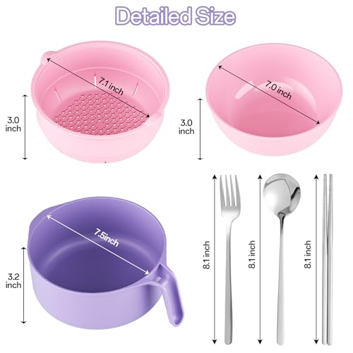 Image of MEACOLIA Large Ramen Bowl Set, Microwave Noodle Pasta Cooker with Lid and Strainer, with Stainless Steel Chopsticks, Spoon, Fork, College Dorm Room Essentials for Girls for Boys (Pink)
