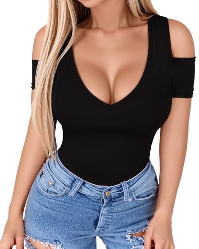 HERLOLLYCHIPS Women Tops Summer Deep V Neck Short Sleeve Cold Shoulder Slim Fit Casual Sexy Tees T-Shirts