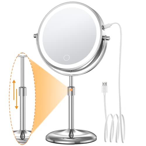 Gospire Lighted Makeup Mirror With Magnification 10X, 3 Color Dimmable Lights & Height Adjustable 7" Cosmetic Mirror, 360° Swivel Double Sided Rechargeable Led Vanity Mirror Cordless Standing Mirror #TOP28