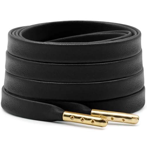 DELELE Flat PU Leather Laces: Black With Gold Aglet Shoelaces 63 Inch