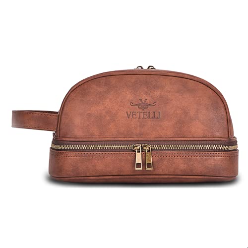 Vetell Classic Leather Men's Travel Toiletry Bag And Dopp Kit With Upper And Lower Zippered Compartments, 2 Mesh Bottle Pouches And Carrying Handle #TOP7