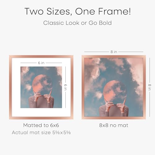 Image of Homeforia Rose Gold Frame 8x8, High End Metal 8 x 8 Square Picture Frames with Mat 6 x 6 Art, 8x8 Photo Frame Matted to 6x6 inch Print, 8by8 Wall or Tabletop Frames, Tempered Glass, Wall Kit, Set of 2