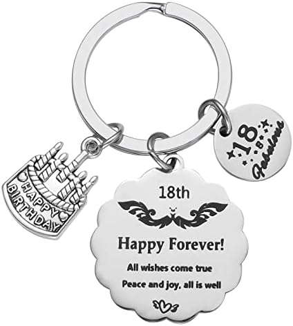 FUYOAL 18th Birthday Keyring Gifts, Exquisite 18th Birthday Cake Keychain Happy Forever All Wishes Come True 18th Birthday Gifts Key Ring for Girls Boys Teen