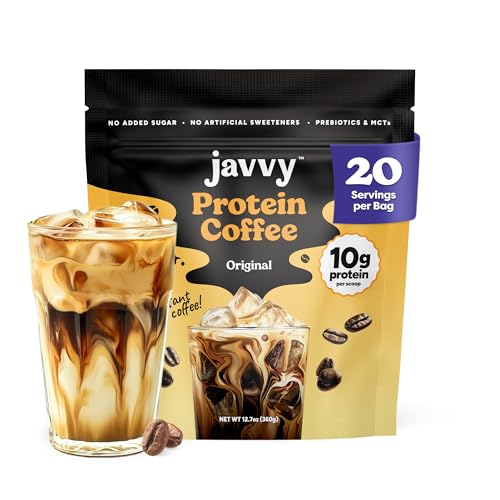 Image of Javvy Protein Iced Coffee - Premium Whey Protein & Iced Coffees, 100% Natural Cold Brew, Zero Artificial Flavors & Sweeteners, 80mg Caffeine, No Added Sugar, 20 Servings, Original, 1 Pack