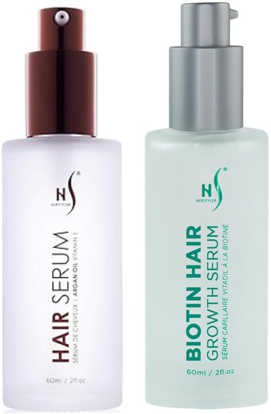 HerStyler Argan Oil & Biotin Hair Serum - Anti Frizz & Hair Growth Bundle | Helps Control Frizz - Adds Shine - Thicker-Looking Hair - with Vitamin E & Aloe Vera - 2 Fl Oz Each