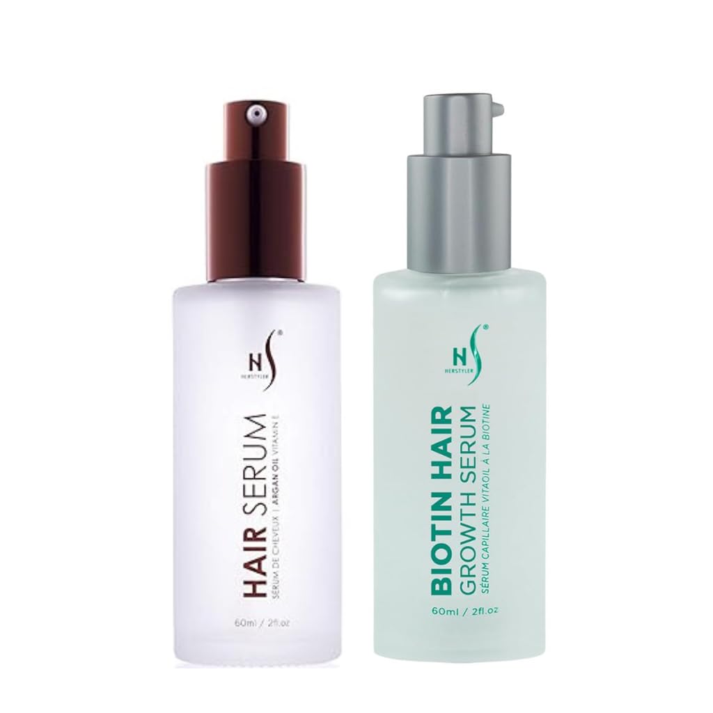 HerStyler Argan Oil & Biotin Hair Serum - Anti Frizz & Hair Growth Bundle | Helps Control Frizz - Adds Shine - Thicker-Looking Hair - with Vitamin E & Aloe Vera - 2 Fl Oz Each