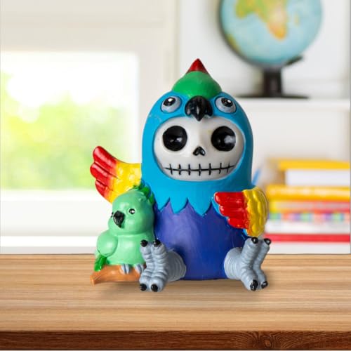 Pacific Giftware Polly Furrybones Collectible Figurine Signature Skeleton in Colorful Parrot Costume with Cute Parrot Friend Home Decor and Unique Gift 3.19" Tall