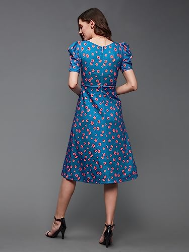 Miss Chase Women's V-Neck Pleated Puff Sleeve Floral Patterned Wrap With Pockets Midi Polyester Dress(Mcss23D98-53-163-06, Blue, Xl)