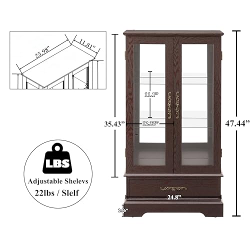 Image of 47 inch H Lighted Curio Cabinet Display Case, Glass Case with Adjustable Shelves,Tempered Glass Door and Drawer, Wooden Curio Cabinet with Mirrored Back Pane for Living Room (Dark Cherry)