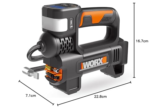 Worx WX092.9 Battery Compressor - 4 in 1: Multifunctional Air Pump with Precise Digital Display & Pressure Control, Work Light & SOS Emergency Signal Light - Max. 10 Bar - Without Battery and Charger