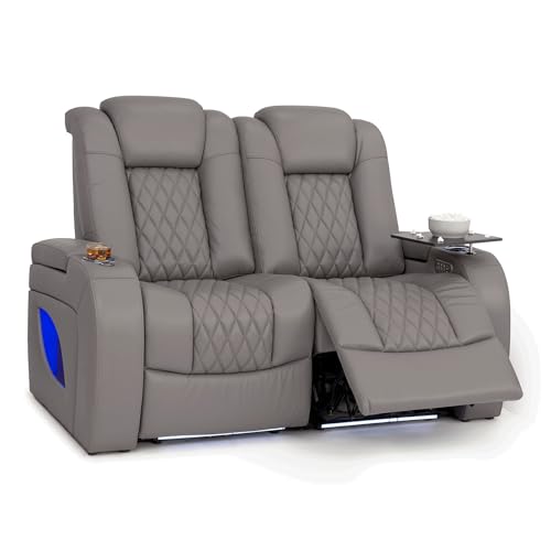Image of Seatcraft Virtuoso LT Gray Italian Leather Home Theater Seating, Zero Gravity Power Recliner, Powered Headrest and Lumbar Gaming and Home Office Chair, Heat and Massage Lounge Sofa, Row of 2 Loveseats