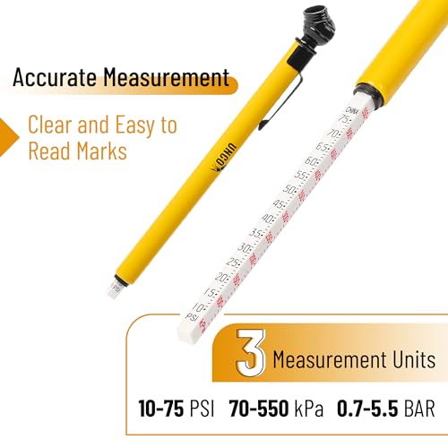 Image of UNCO- Pencil Tire Pressure Gauge, 2 Pack, 10-75 PSI, Yellow, Stainless Steel Body, Metal Made Nozzle, Rust and Corrosion Resistant, Pencil Air Pressure Gauge for Tires, 3 Measurements for Cars, Bikes