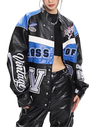 Vamtac Faux Leather Racing Jackets Varsity Bomber Coats Unisex Street With Pockets