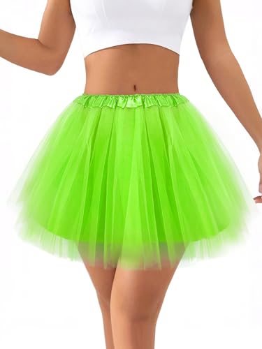 Ammiko Women Teens Tutu Adult 4 Layered Tulle Skirt Fluffy Dance Tutus Lined Elastic Halloween Costumes Running Party Neon Green 4 Layer