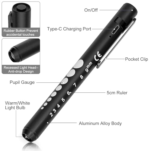 Image of Rechargeable Pen Light for Nurse, 2Packs Rechargeable LED Medical Pen Light, Warm&Cool White Light, Portable Medical PenLight for Nurse, Doctor, First Aid, EMT, Nursing,Nursing Student Black1+Silver1