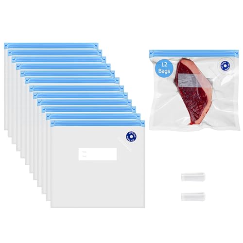 Image of Basicwise 9 inch x 8 inch Set of 12 Reusable Airtight and Resealable Food Storage Bags Durable & Convenient Solution for Fruits Fresh Vegetables Cooked Meals & Leftovers Compatible with Most Vacuum Sealers
