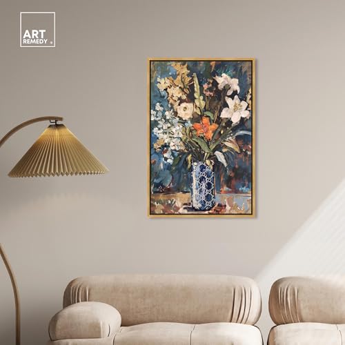 Image of Art Remedy Blue Floral Vase Canvas Floral Vase Wall Art, Gold Frame, 24 inch x 36 inch