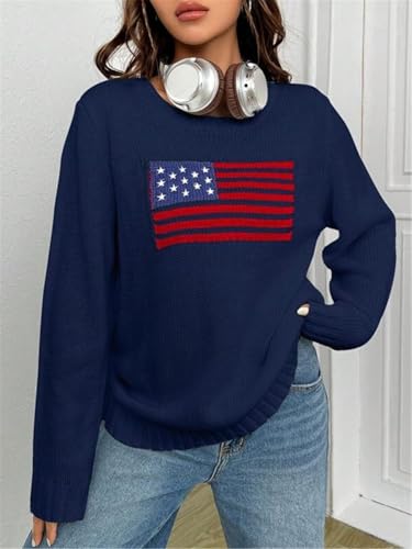 Women's Flag Pattern Long Sleeve Round Neck Sweater Casual Loose Pullover Sweater Top4