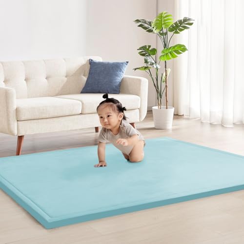 Image of ACOMOPACK Baby Play Mat for Floor 1.3" Thick Memory Foam Play Mat 71"×79" Tummy Time Mat Playpen Mat with Non-Slip Bottom for Living Room,Nursery,Soft Velvet Crawling Mat for Kids,Infants（Light Blue）