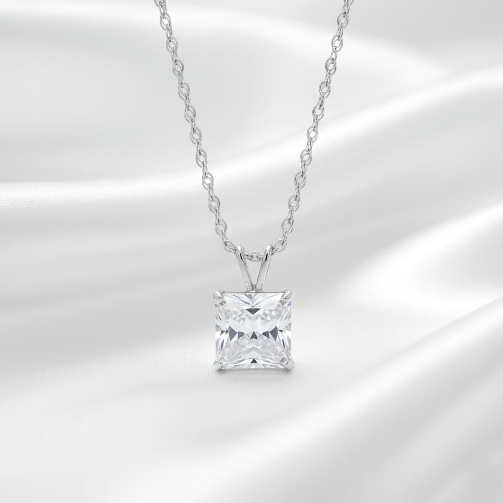 Jewelili 10K Yellow or White Gold Princess Cut Cubic Zirconia Solitaire Pendant Necklace for Women | 1.0, 1.5, or 2.0 Carat | 18 Inch Rope Chain | Gift Box Included