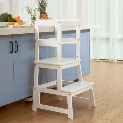 Kitchen Step Stool for Kids with Safety Rail,Solid Wood Construction