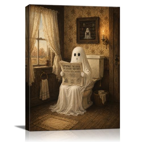 Halloween Canvas Wall Art, Ghost Reading Newspaper on Toilet Canvas Prints
