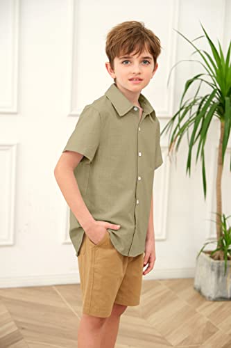 Boys' Button Down Dress Shirts Classic Collared Summer Short Sleeve Tshirt Solid Cotton Tops Army Green #TOP3