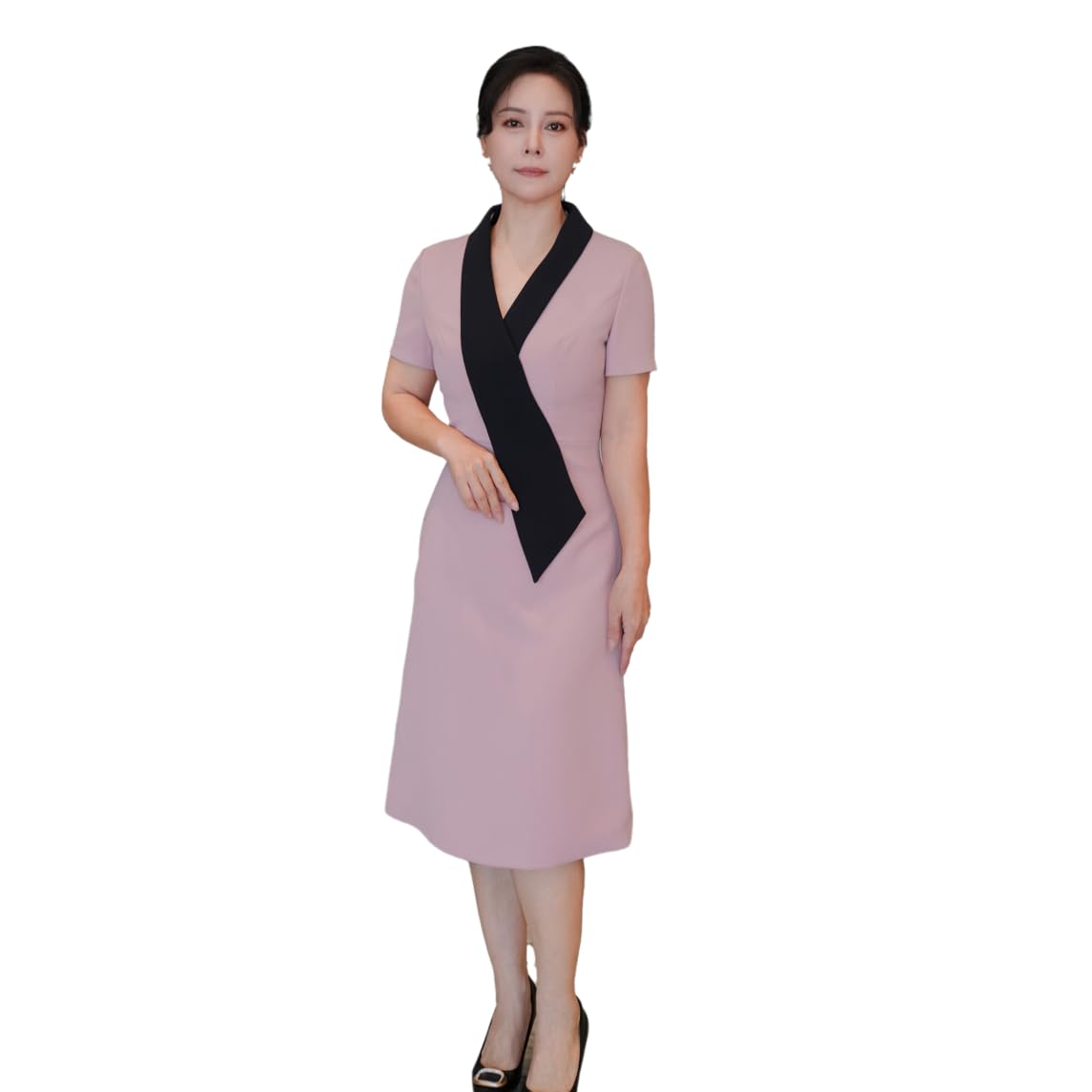 Elegant midi Dress with Blue Contrast Collar Pink Short Sleeves and A-line Silhouette Business Formal wear