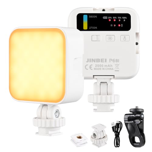Lampe Vidéo LED JINBEI P6Bi 2700K-7500K Dimmable, 4 Supports de Fixation à Froid, Batterie 2000mAh, Éclairage Vidéo Rechargeable Portable pour Vlog/Photographie/Streaming