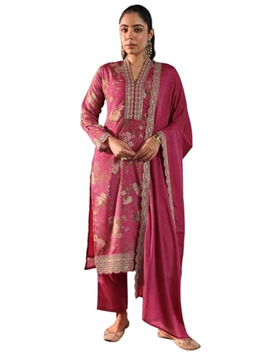 Image of Libas Womens Printed Silk Blend Straight Kurta With Palazzos and Dupatta | daily wear suit