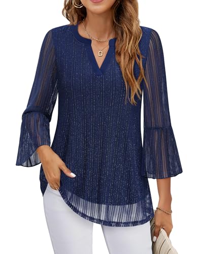 Timeson Tunic Tops for Women Loose Fit Dressy: Office Attire - Womens Dress Shirts - Business Casual Blouses for Women Wrinkle Free 3/4 Sleeve Length Ladies Work Tops Peasant Layers Interview Blue L