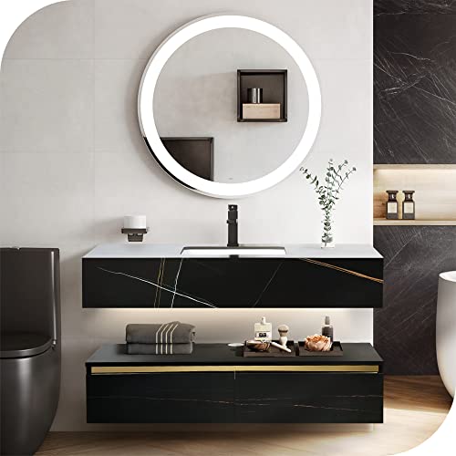 Hernest 48 Inch Floating Vanity Bathroom, 2-Pcs/Set Wall Mounted Bathroom Vanity With Ceramic Basin Sink And 2 Wooden Drawers, Black Wooden Bathroom Cabinet For Washroom #TOP2