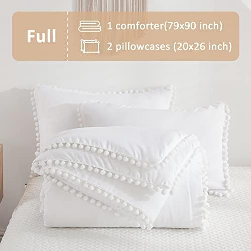 Miniatura 3 de Andency Juego de edredón blanco tamaño Queen (90 x 90 pulgadas), 3 piezas (1 edredón con flecos de pompones, 2 fundas de almohada), juego de ropa de