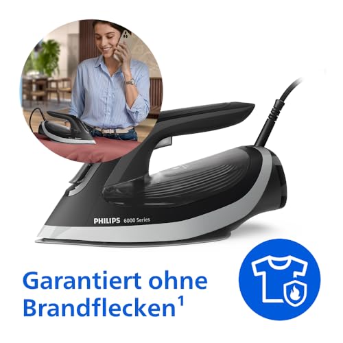 Philips 6000 Series Dampfbügeleisen – garantiert ohne Brandflecken dank OptimalTEMP, 190g Dampfstoß, 45g Dauerdampf, SteamGlide Plus Bügelsohle, Tropf-Stopp, Automatische Abschaltung (DST6120/80)