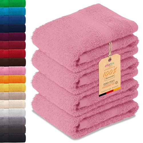 EllaTex Paris 4er Set Gästetücher 30x50 cm – 100% Baumwolle, 500 g/m² Frottier, flauschig, Farbe: Rosa
