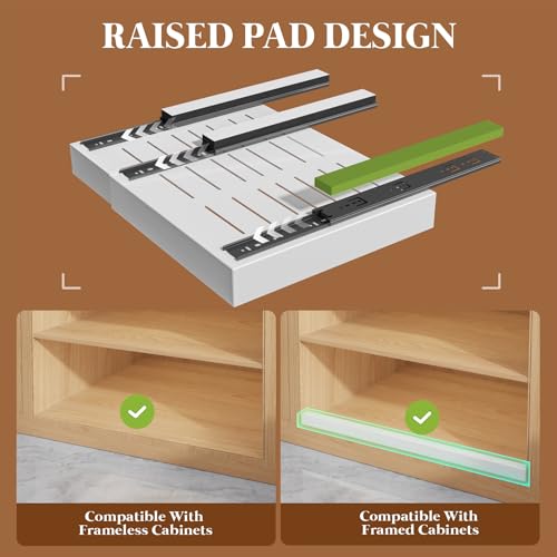 Seinloes 4 Pack Expandable Pull Out Cabinet Organizer 21\"Deep With Raising Pad for Framed Cabinets,Upgrade 3 Slide Rails Slide Out Drawers,No Drill Roll Out Shelves,Adjustable Width 12.1\"-20.4\" White