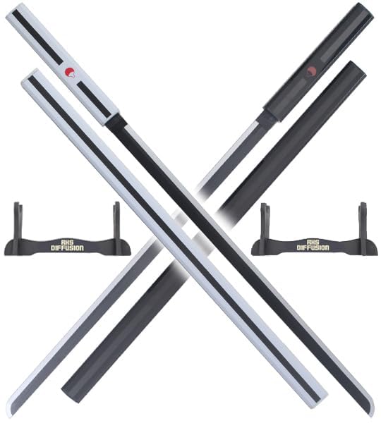 RKS Diffusion Katana Sasuke Pack 2 Katanas Lame en Bois Epee Kusanagi Sabre Blanc et Noir + Support en Bois