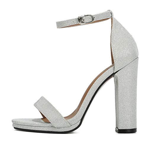 fereshte Women's Ankle Strap Chunky Block High Heel Sandals 11 Glitter Silver - Image 4
