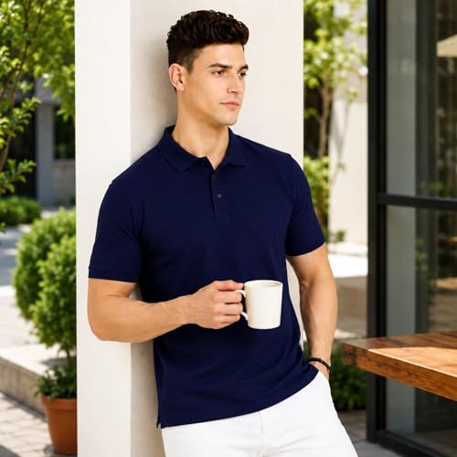 Image of Men's Plain Polo T-Shirt | Cotton Blend Regular Fit Casual Collar T-Shirt